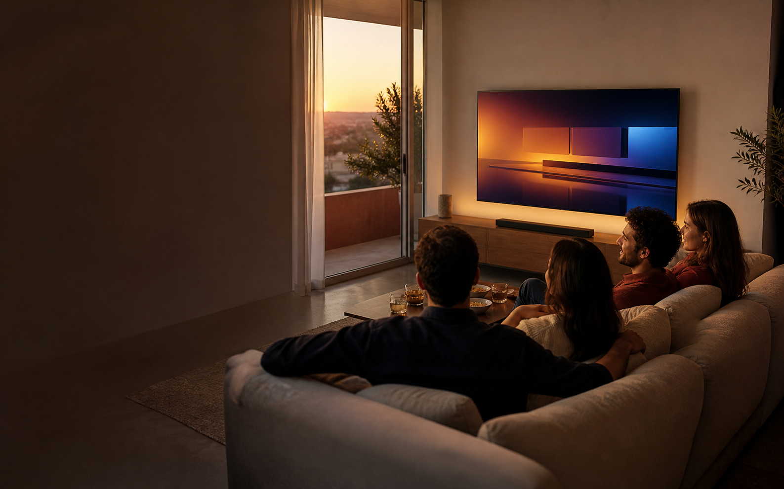 Amigos disfrutando de entretenimiento en un televisor de un hogar español
